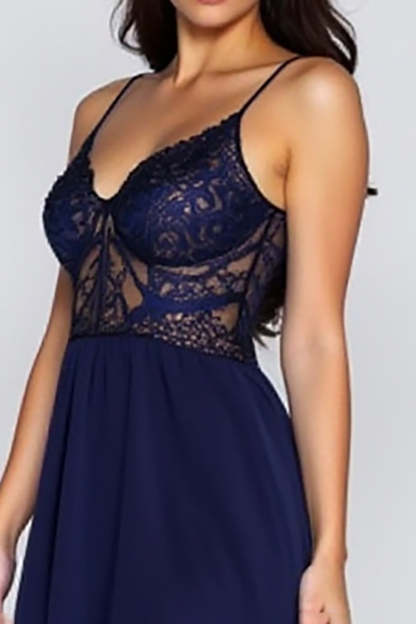 Navy Spaghetti Straps Corset A-Line Formal Dress with Slit
