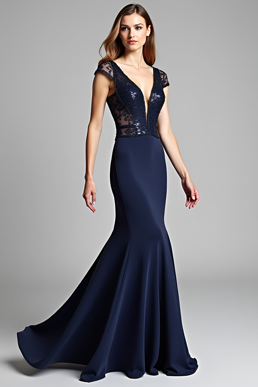 Navy Deep V Neck Cap Sleeves Mermaid Formal Dress with Sequins