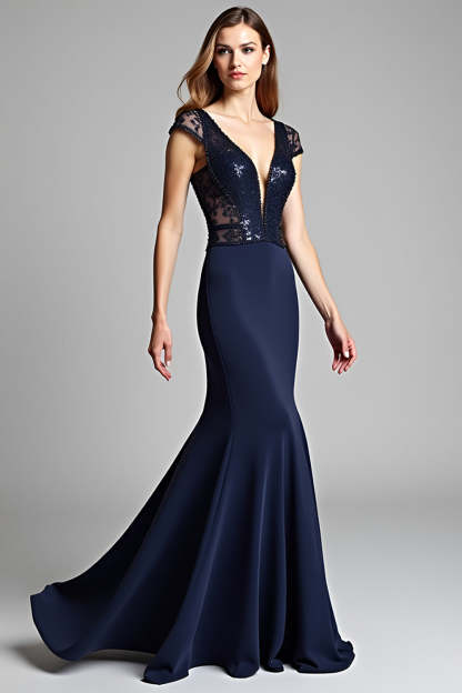 Navy Deep V Neck Cap Sleeves Mermaid Formal Dress with Sequins