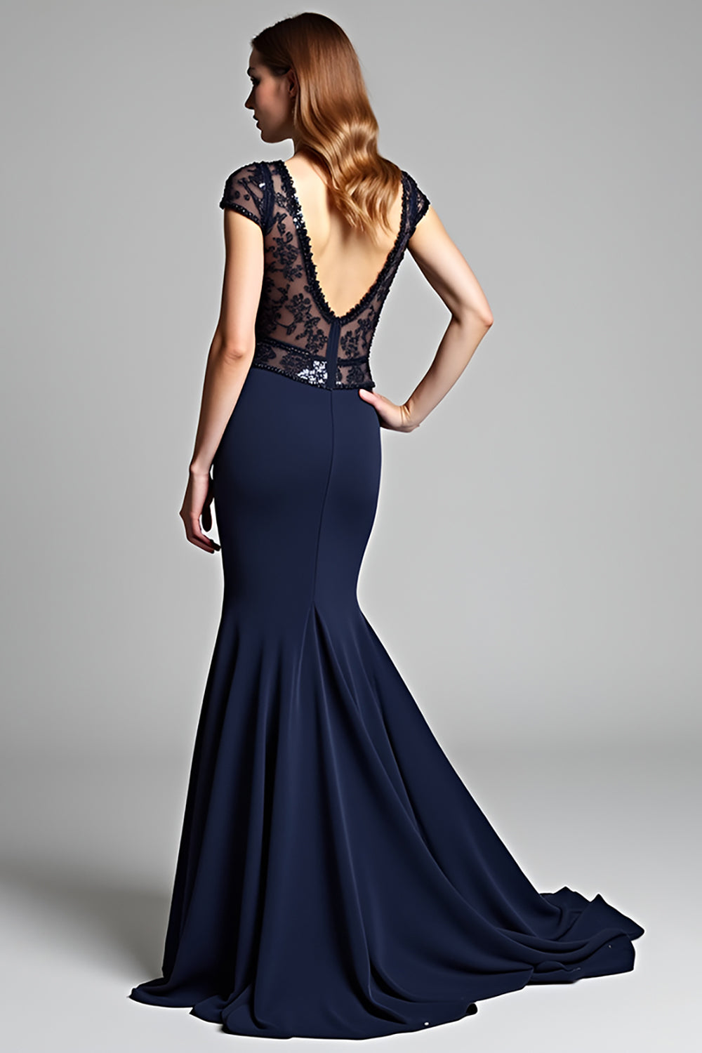 Navy Deep V Neck Cap Sleeves Mermaid Formal Dress with Sequins