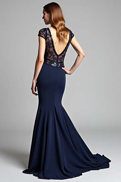 Navy Deep V Neck Cap Sleeves Mermaid Formal Dress with Sequins