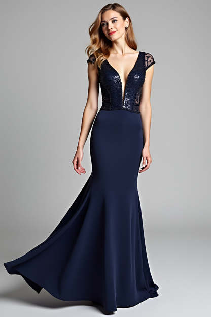 Leely Women Navy Deep V Neck Mermaid Formal Dress with Sequins Cap Sleeves Maxi Gala Dress