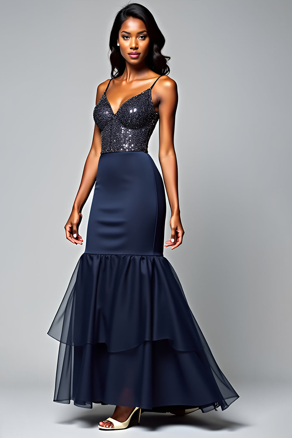 Navy Corset Mermaid Ruffled Formal Dress with Seuqins