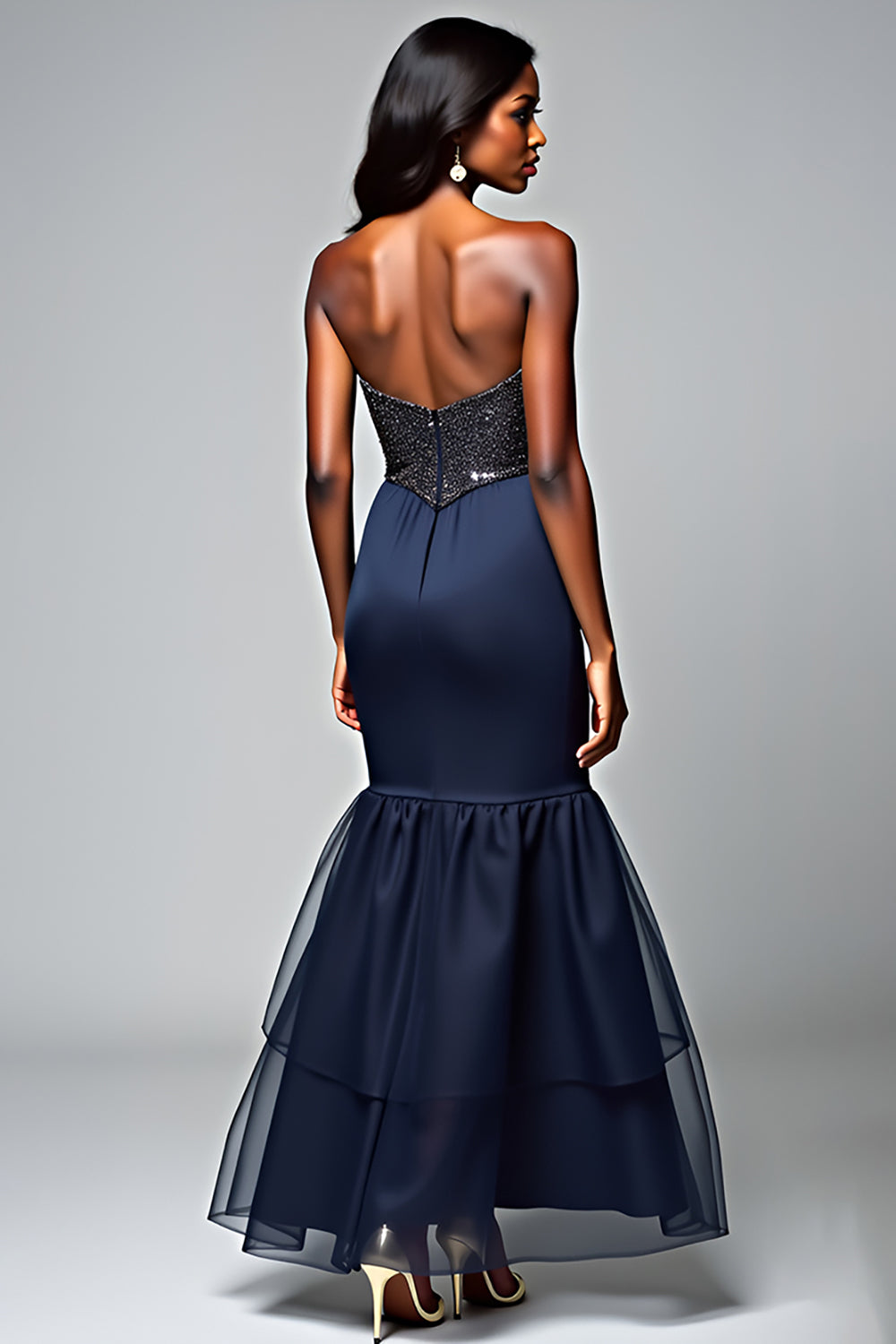 Navy Corset Mermaid Ruffled Formal Dress with Seuqins