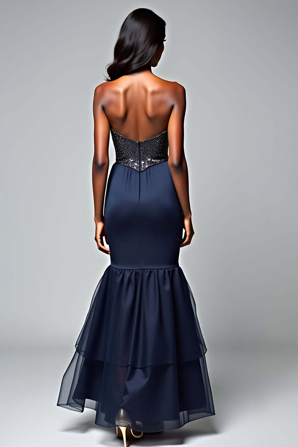 Navy Corset Mermaid Ruffled Formal Dress with Seuqins