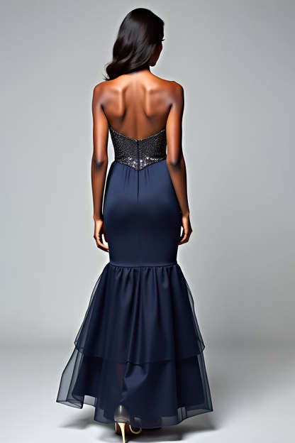 Navy Corset Mermaid Ruffled Formal Dress with Seuqins
