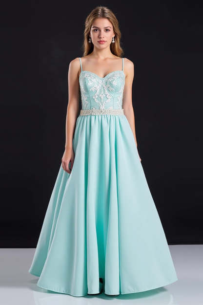Leely Women Mint Corset A-Line Prom Dress Spaghetti Straps Lace Maxi Gala Dress