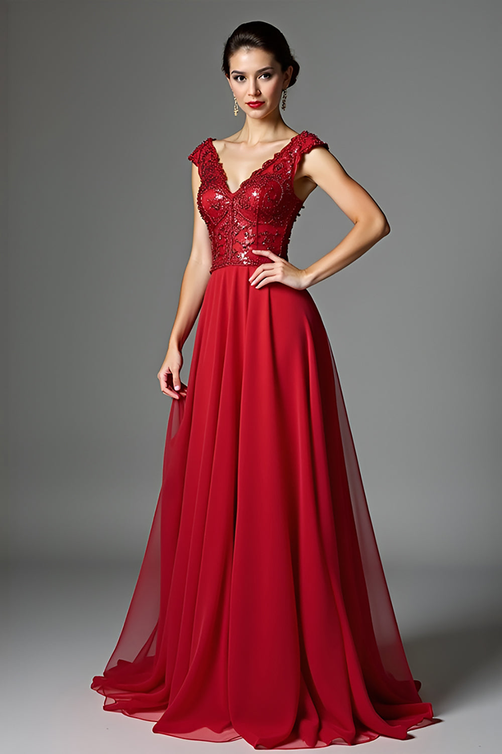 Leely Women Dark Red V Neck A-Line Mother of the Bride Dress Beaded Chiffon Floor Length Formal Dress