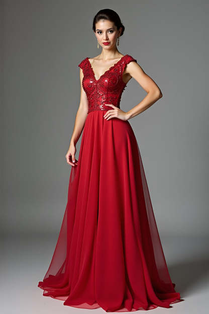 Leely Women Dark Red V Neck A-Line Mother of the Bride Dress Beaded Chiffon Floor Length Formal Dress