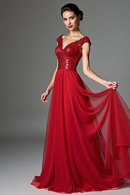 Dark Red V Neck A-Line Beaded Maxi Mother of the Bride Dress
