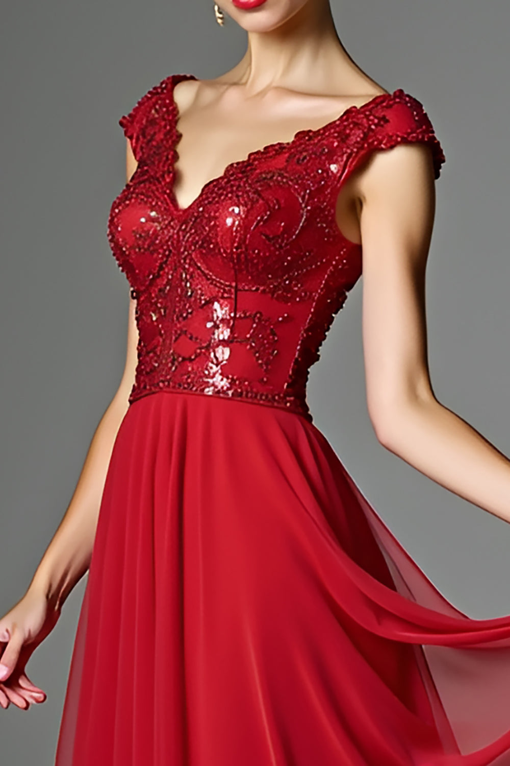 Dark Red V Neck A-Line Beaded Maxi Mother of the Bride Dress