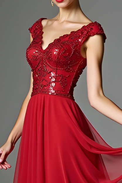 Dark Red V Neck A-Line Beaded Maxi Mother of the Bride Dress