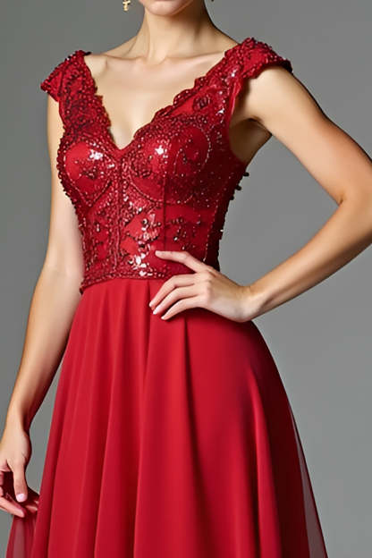 Dark Red V Neck A-Line Beaded Maxi Mother of the Bride Dress