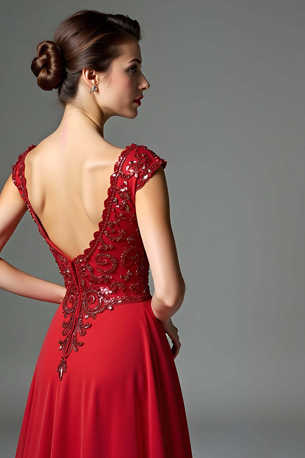 Dark Red V Neck A-Line Beaded Maxi Mother of the Bride Dress