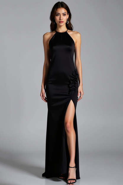Leely Women Elegant Black Halter Sheath Formal Dress with Slit Floor Length Wedding Guest Dress