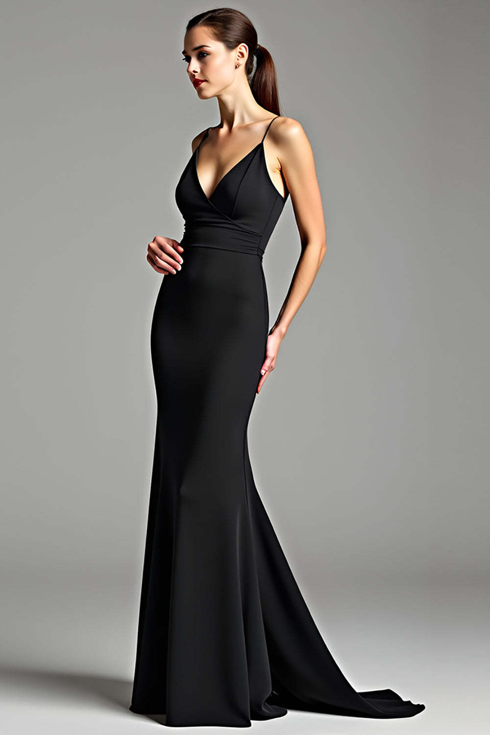 Leely Women Black V Neck Sheath Backless Formal Dress Spaghetti Straps Floor Length Wedding Guest Dress