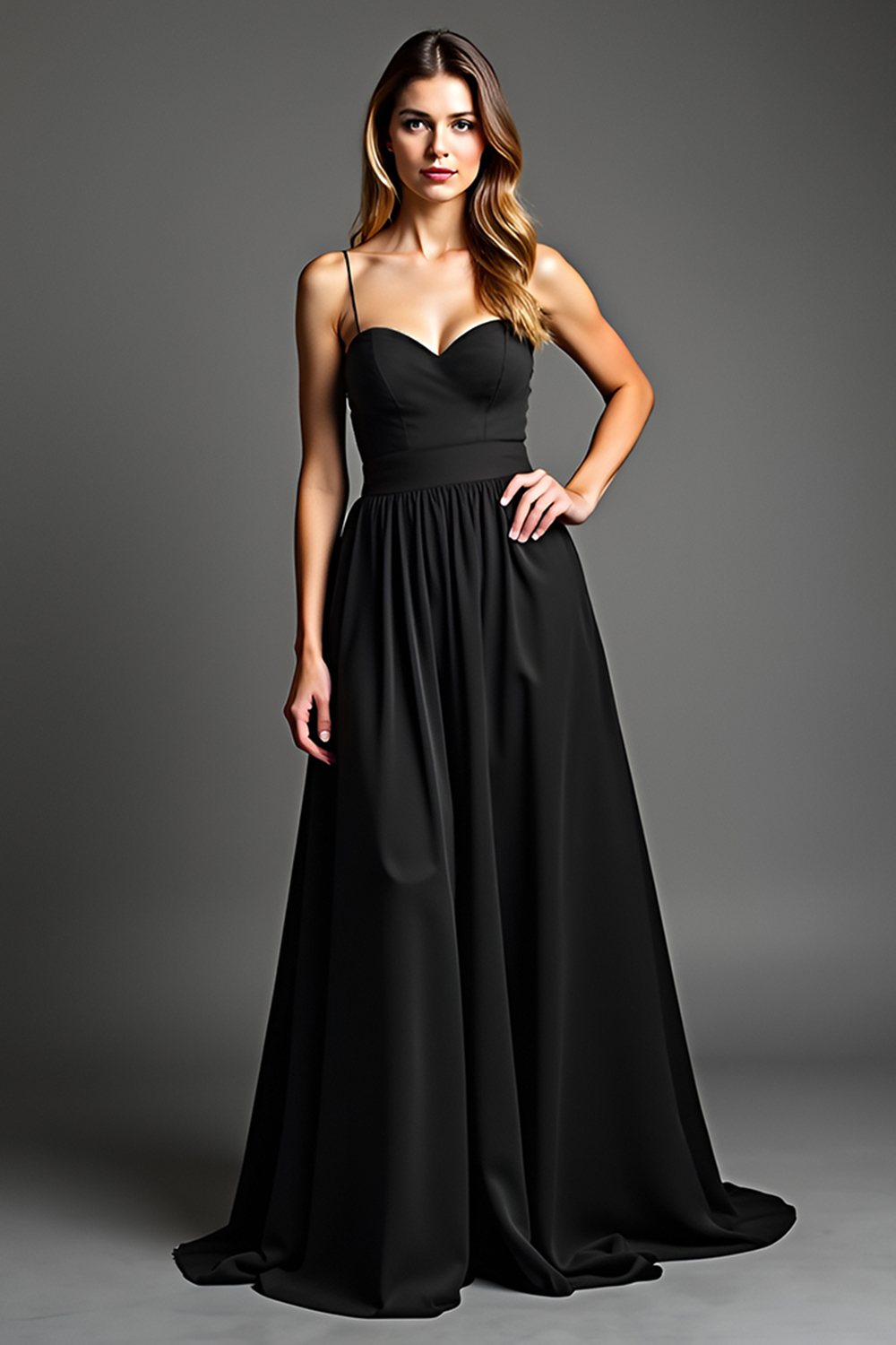 Leely Women Black Sweetheart A Line Formal Dress Spaghetti Straps Floor Length Wedding Guest Dress