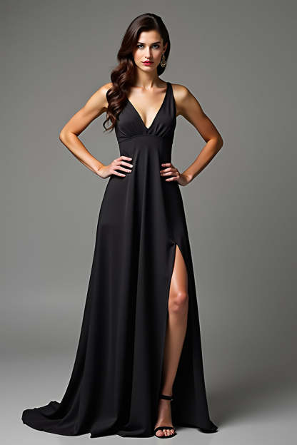 Leely Women Black V Neck A Line Formal Dress with Slit Backless Floor Length Wedding Guest Dress