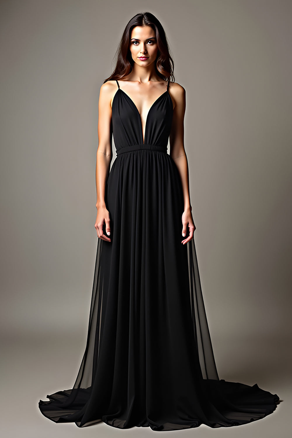 Leely Women Black Spaghetti Straps V Neck Pleated A Line Formal Dress V Back Floor Length Wedding Guest Dress