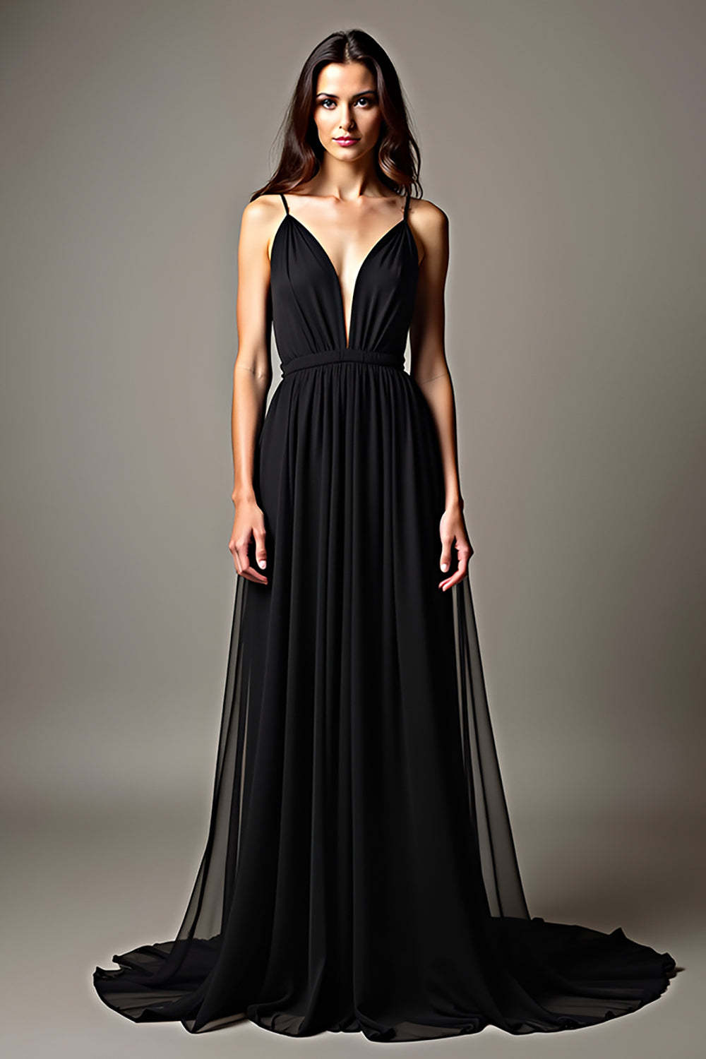 Leely Women Black Spaghetti Straps V Neck Pleated A Line Formal Dress V Back Floor Length Wedding Guest Dress
