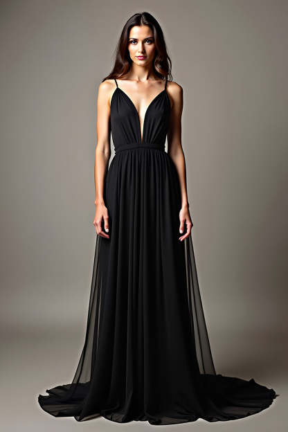 Leely Women Black Spaghetti Straps V Neck Pleated A Line Formal Dress V Back Floor Length Wedding Guest Dress