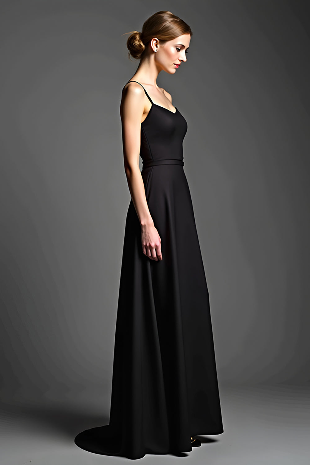 Leely Women Black Spaghetti Straps A Line Formal Dress Empire Waist Floor Length Wedding Guest Dress