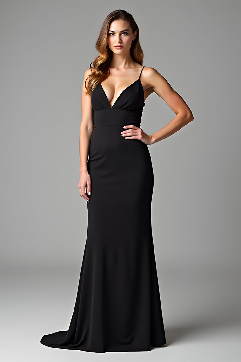 Black Spaghetti Straps V Neck Sheath Floor Length Formal Dress