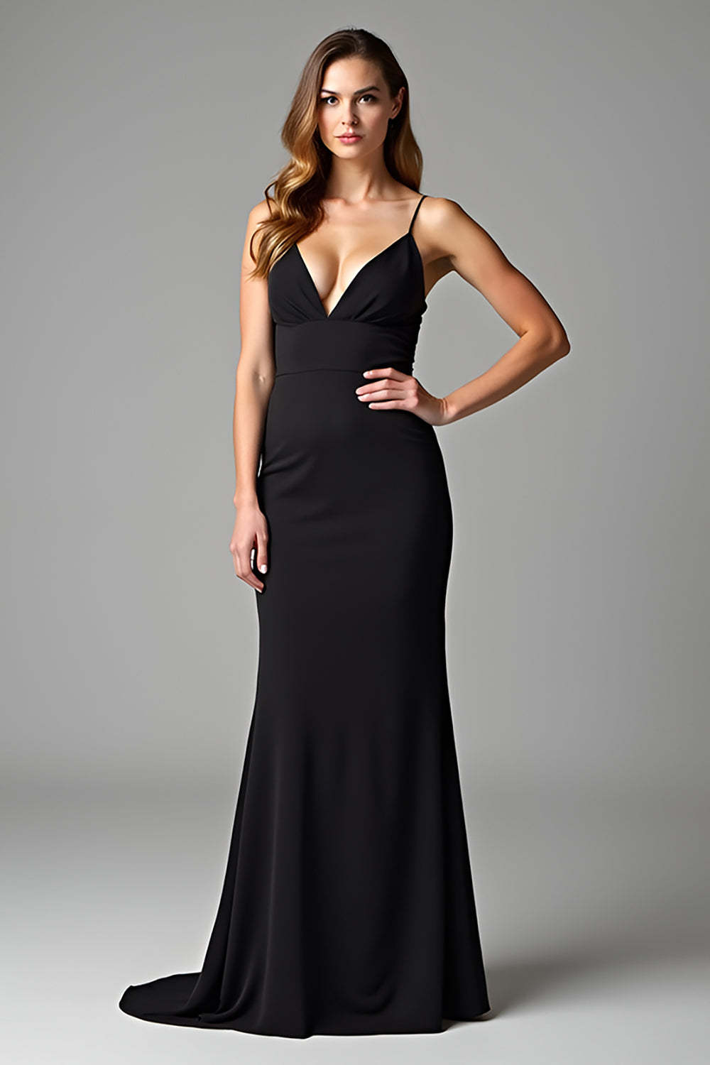 Leely Women Black Spaghetti Straps V Neck Sheath Formal Dress Backless Floor Length Wedding Guest Dress