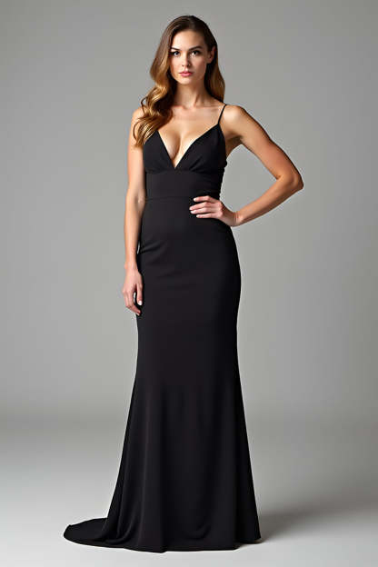 Leely Women Black Spaghetti Straps V Neck Sheath Formal Dress Backless Floor Length Wedding Guest Dress