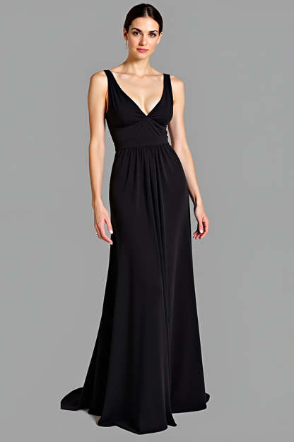 Leely Women Black Double V Neck Sheath Formal Dress Floor Length Wedding Guest Dress