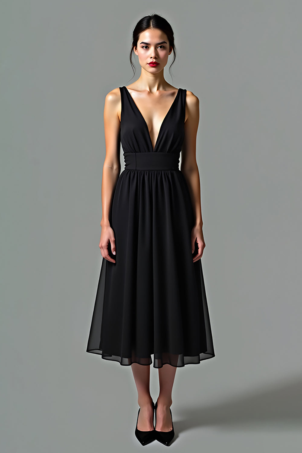Leely Women Black V Neck A Line Graduation Dress Backless Mid Length Little Black Dress