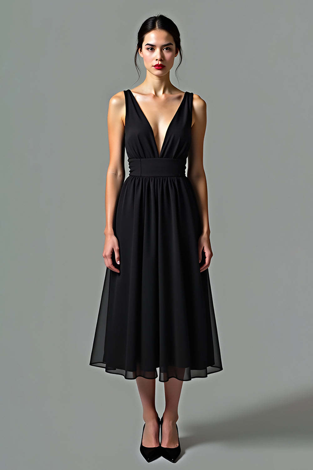 Leely Women Black V Neck A Line Graduation Dress Backless Mid Length Little Black Dress