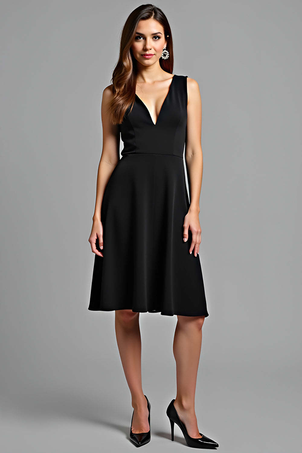 Leely Women Pretty Black V Neck A Line Graduation Dress Flowy Knee Length Little Black Dress