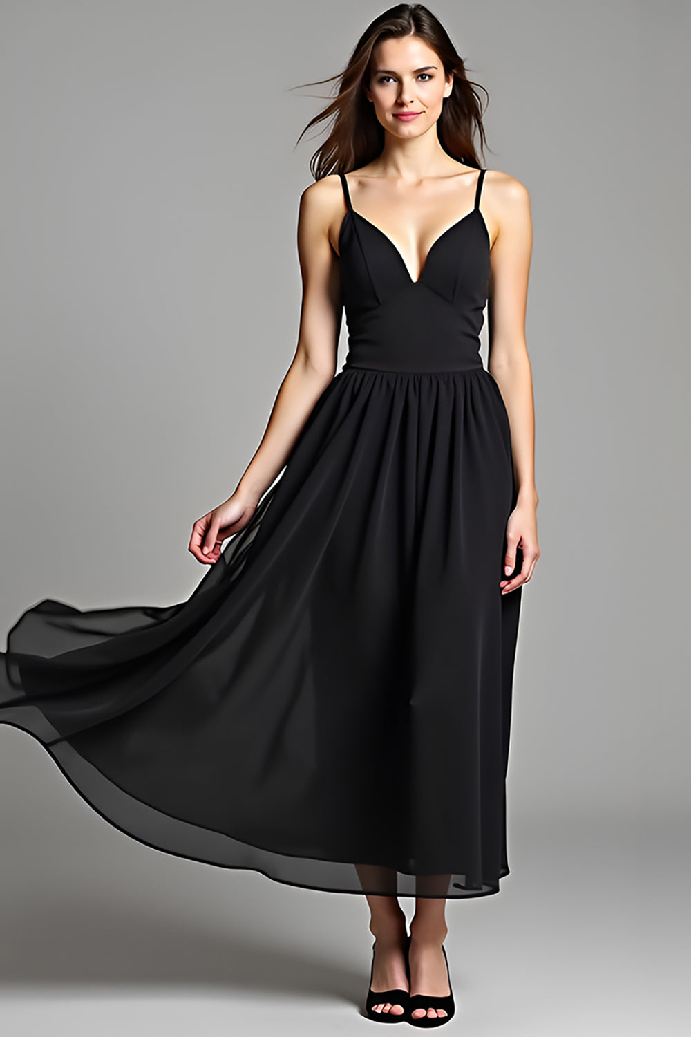 Leely Women Flowy Black A Line Long Graduation Dress Spaghetti Straps V Neck Little Black Dress