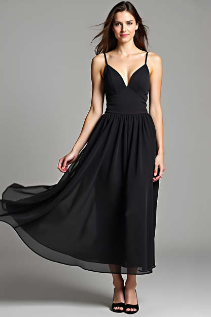 Leely Women Flowy Black A Line Long Graduation Dress Spaghetti Straps V Neck Little Black Dress