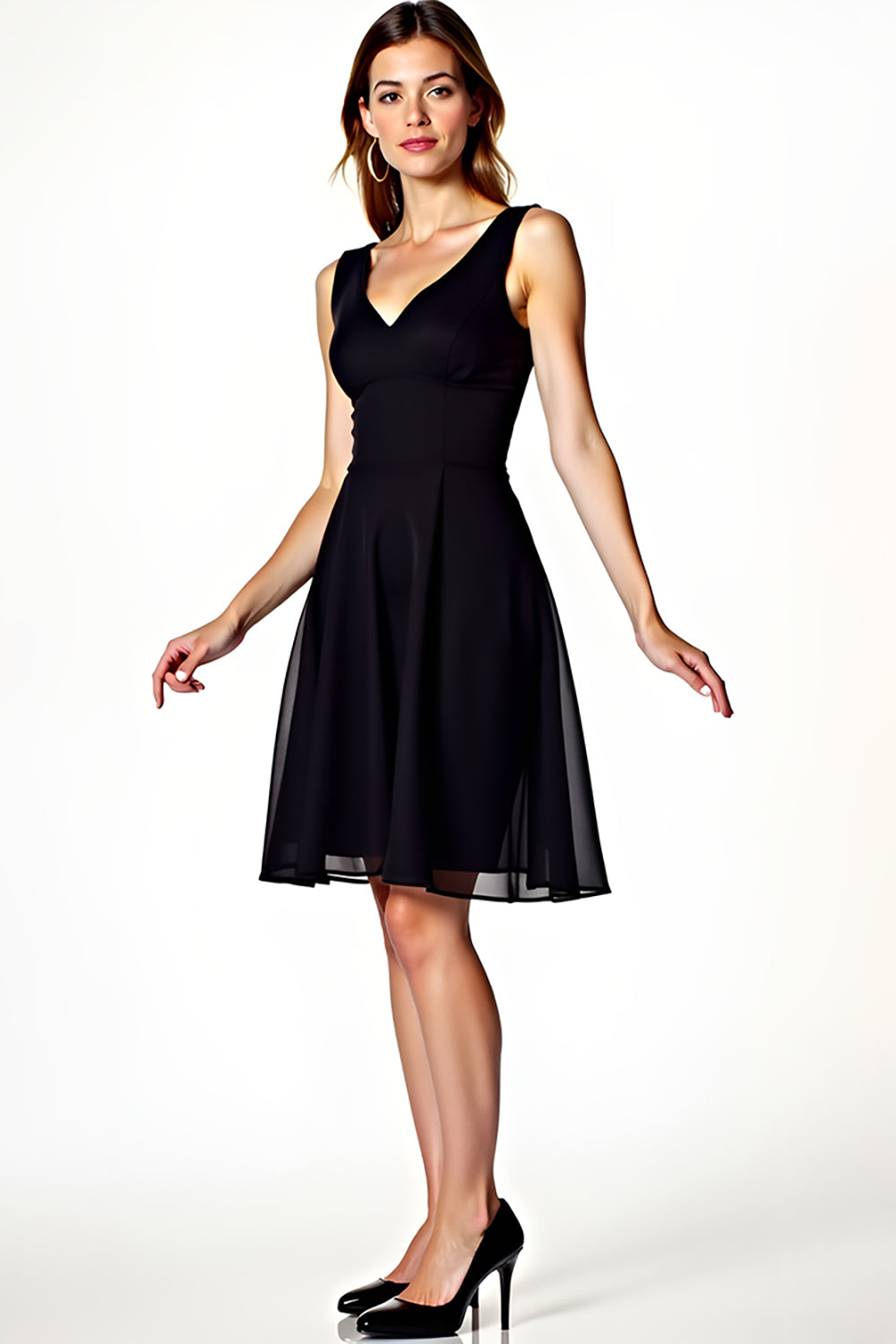 Leely Women Black V Neck A Line Graduation Dress Flowy Short Little Black Dress