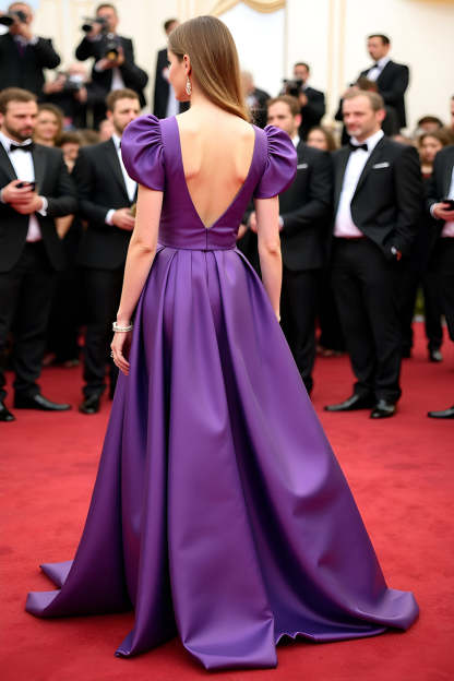 Purple V Neck Puff Sleeves A Line Long Red Carpet Dress