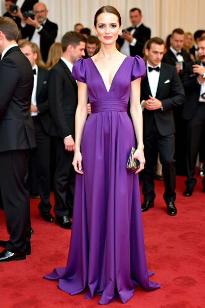 Leely Women A Line Purple Satin Long Gala Dress Puff Sleeves V-Neck Formal Dress