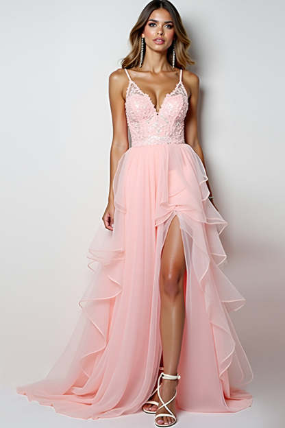 Leely Women Ruffled Blush Pink A Line Long Prom Dress with Slit Tiered Appliqued V-Neck Spaghetti Straps Formal Dress
