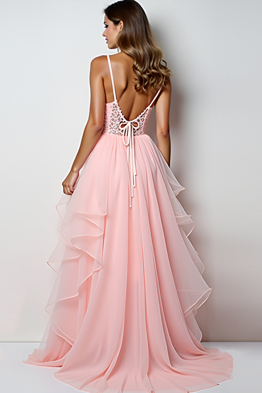 Ruffled Blush Pink V Neck A Line Appliqued Prom Dress with Slit