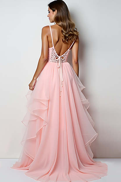 Ruffled Blush Pink V Neck A Line Appliqued Prom Dress with Slit