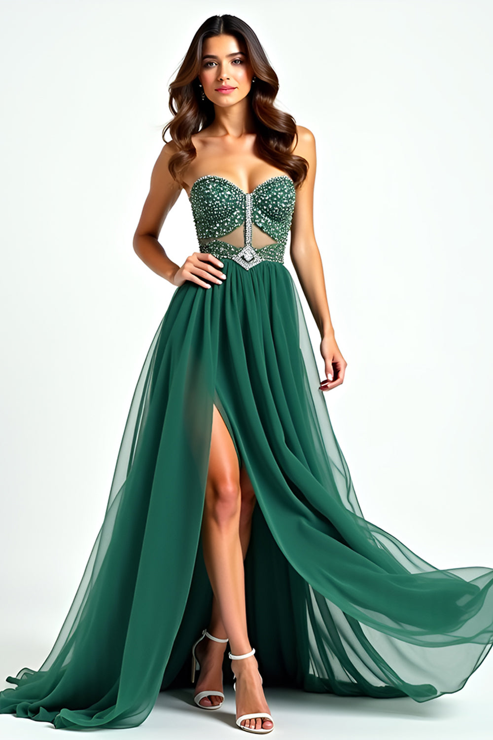 Leely Women Dark Green Strapless Strapless A Line Long Prom Dress with Slit Beaded Sweetheart Formal Dress