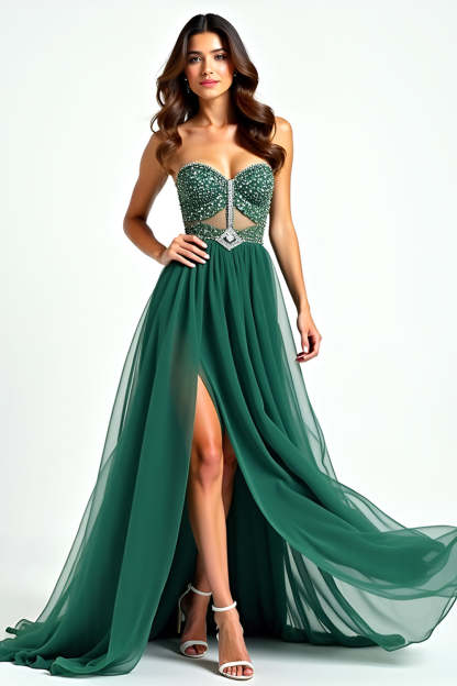 Leely Women Dark Green Strapless Strapless A Line Long Prom Dress with Slit Beaded Sweetheart Formal Dress