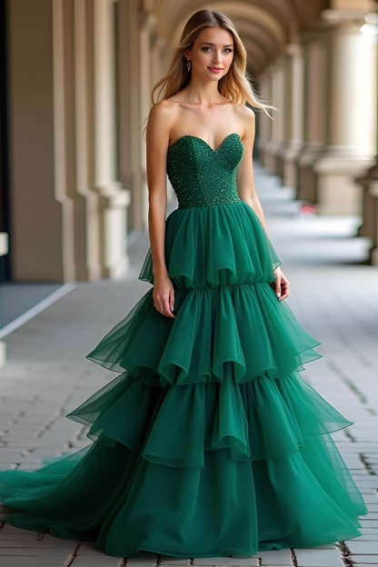 Leely Women Dark Green Strapless A Line Long Prom Dress Beaded Tiered Sweetheart Formal Dress