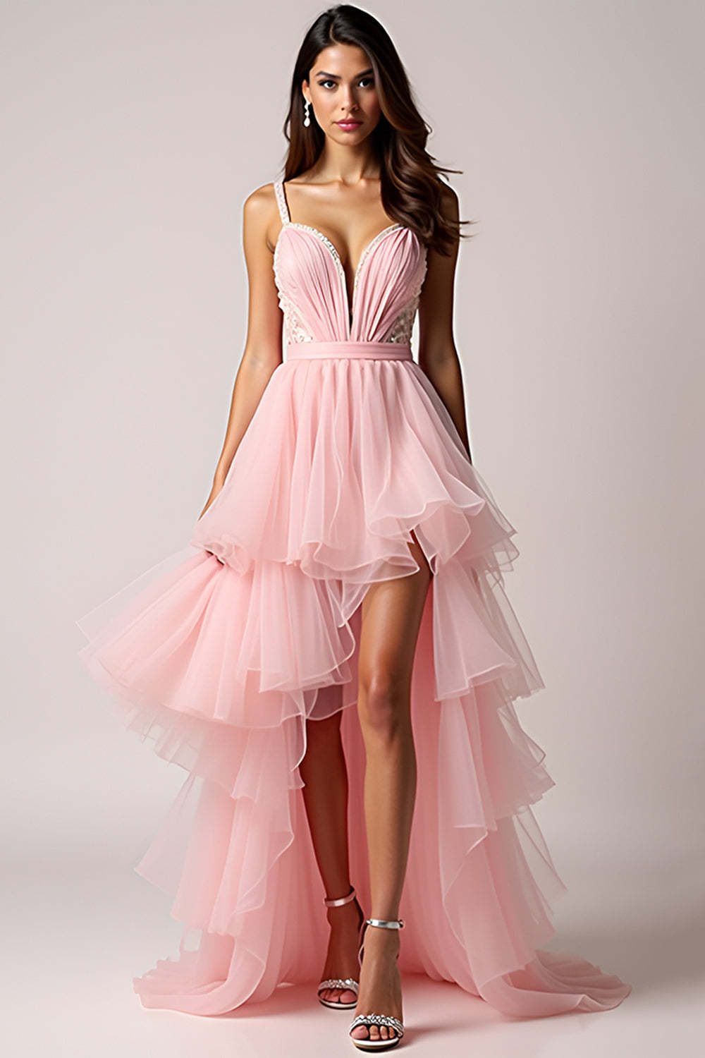Leely Women Blush Pink A Line Ruffled Prom Dress Tiered V-Neck Spaghetti Straps High Low Formal Dress