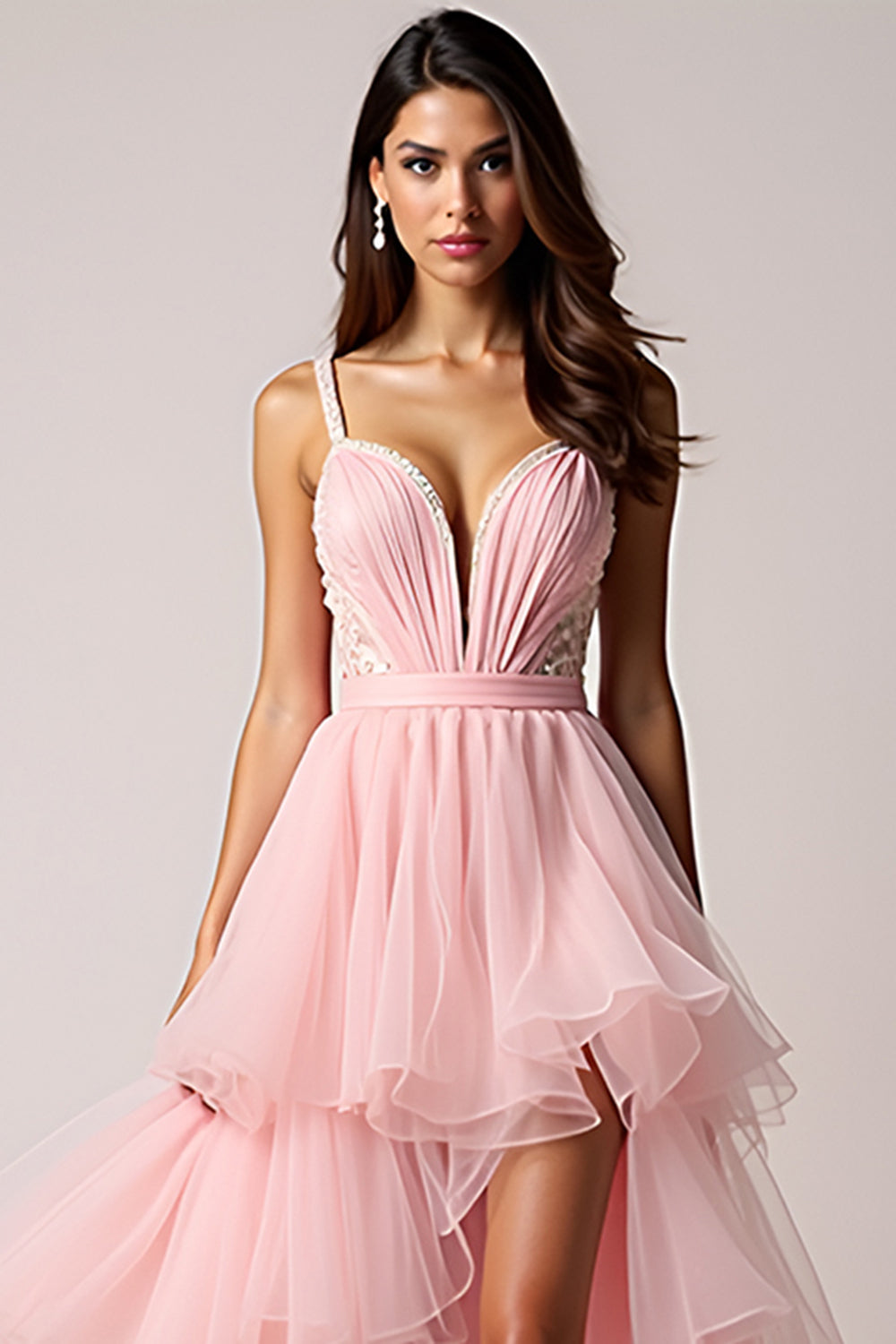Blush Pink Tiered A Line High Low Prom Dress with Ruffles