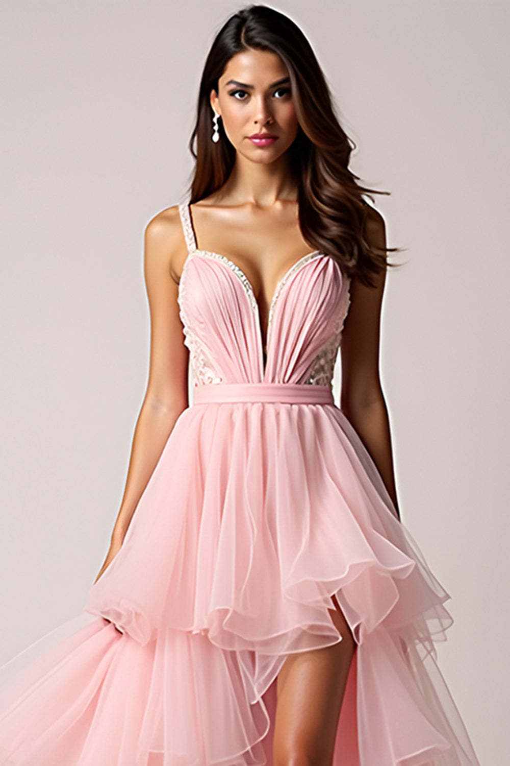 Blush Pink Tiered A Line High Low Prom Dress with Ruffles