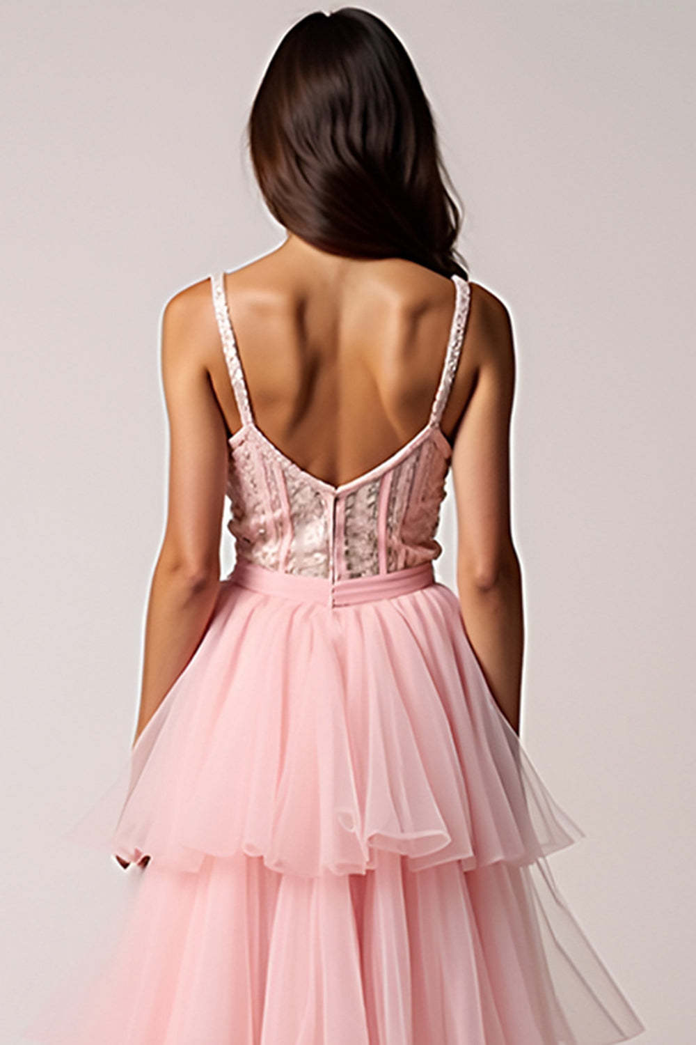 Blush Pink Tiered A Line High Low Prom Dress with Ruffles