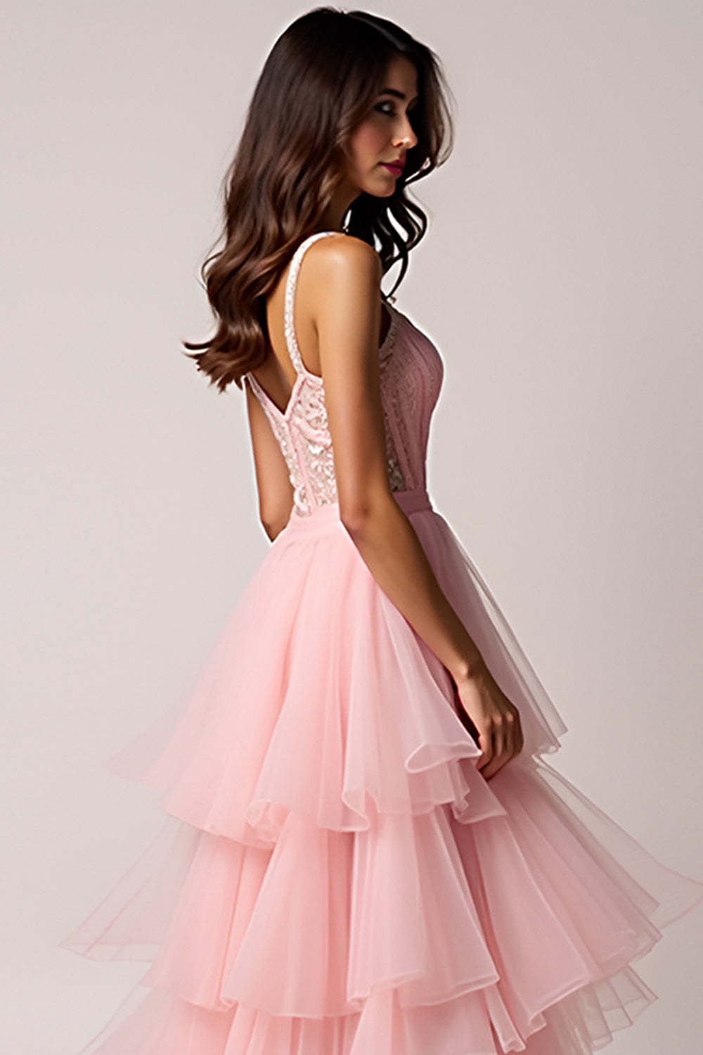 Blush Pink Tiered A Line High Low Prom Dress with Ruffles