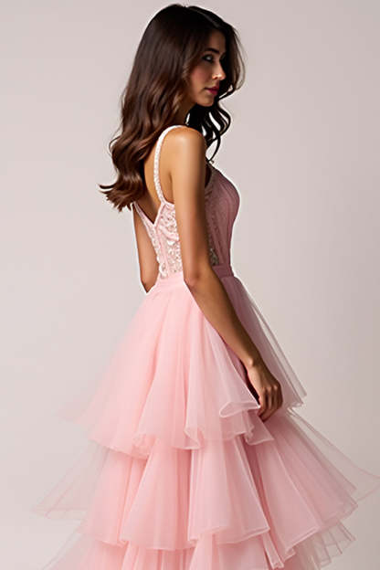 Blush Pink Tiered A Line High Low Prom Dress with Ruffles
